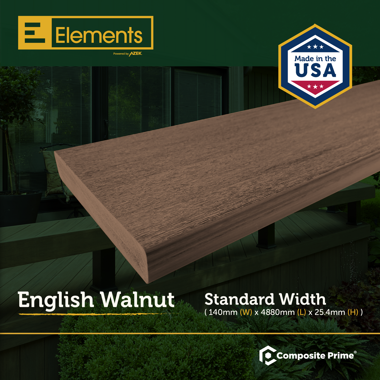 Elements Deck Board - Square Shouldered - 25 X 140 X 4880 (mm) - English Walnut