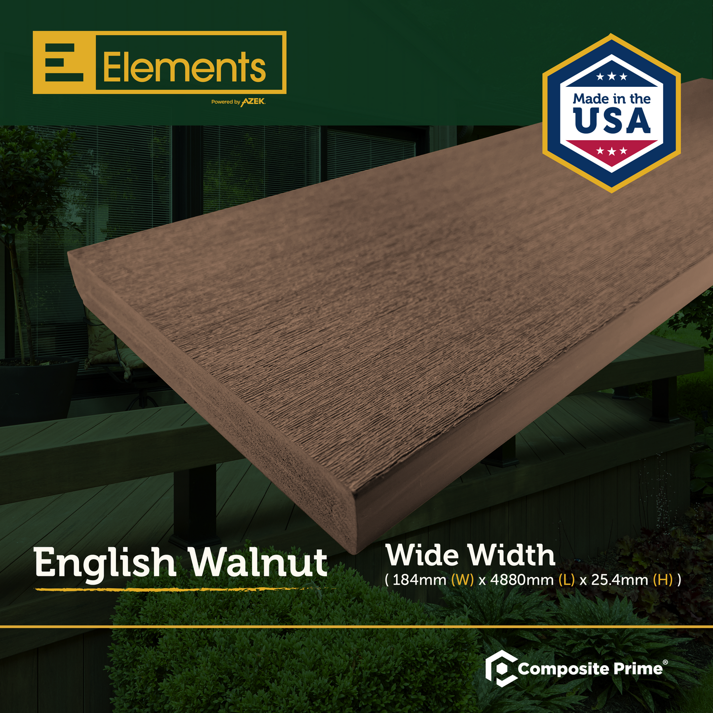 Elements Deck Board - Square Shouldered - 25 X 184 X 4880 (mm) - English Walnut