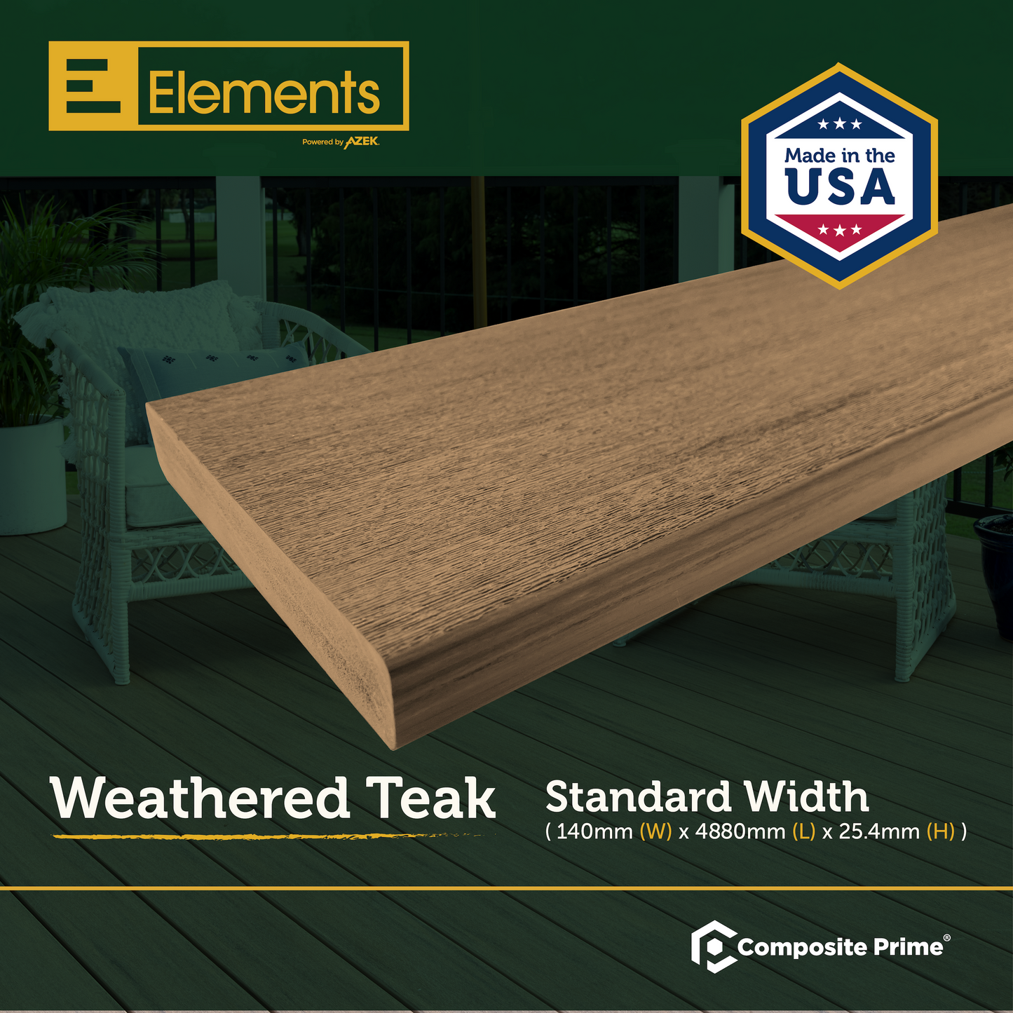 Elements Deck Board - Square Shouldered - 25 X 140 X 4880 (mm) - Weathered Teak