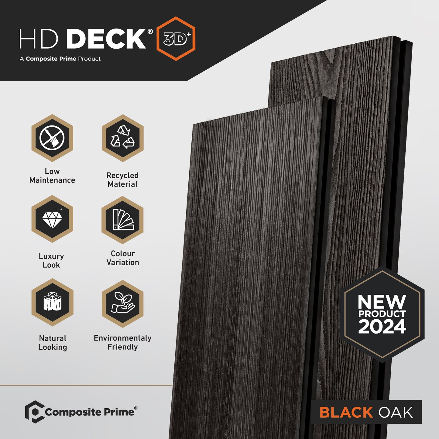 HD Deck 3D Plus Black Oak Deckboard - 25x146x3600 (mm) FSC 100%