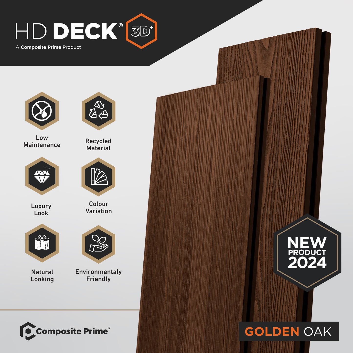 HD Deck 3D Plus Golden Oak Deckboard - 25x146x3600 (mm) FSC 100%