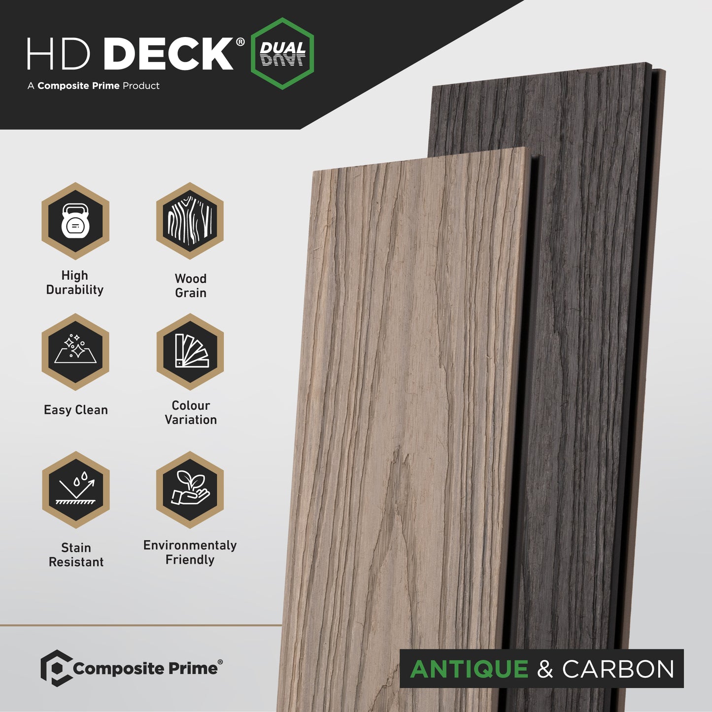 HD Deck Dual Carbon/Antique Deckboard 22.5x143x3600 (mm) FSC 100%