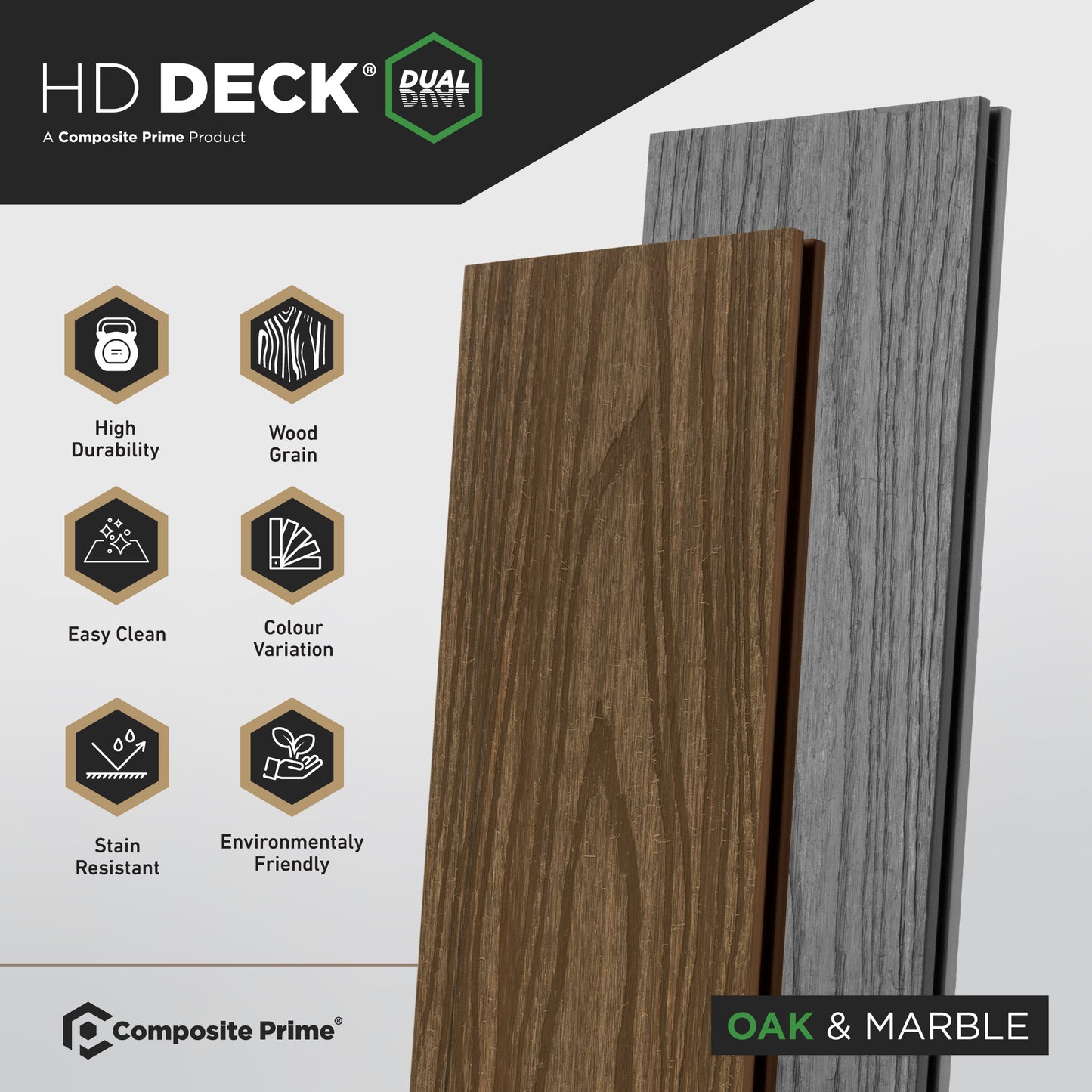 HD Deck Dual Oak/Marble Deckboard 22.5x143x3600 (mm) FSC 100%