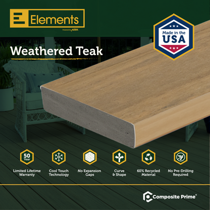 Elements Deck Board - Square Shouldered - 25 X 184 X 4880 (mm) - Weathered Teak