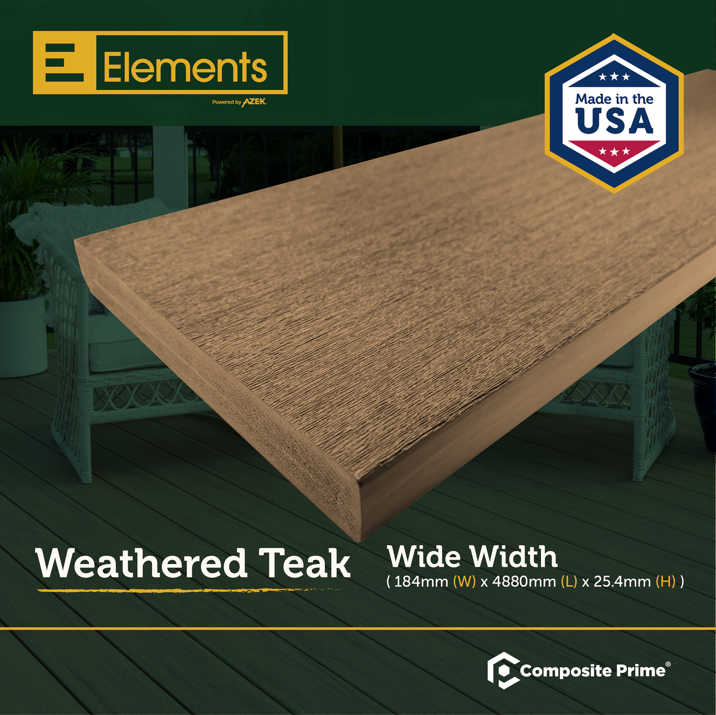 Elements Deck Board - Square Shouldered - 25 X 184 X 4880 (mm) - Weathered Teak