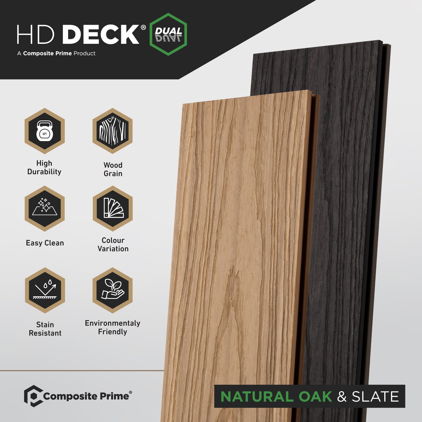 HD Deck Dual Natural Oak/Slate Deckboard 22.5x143x3600 (mm) FSC 100%